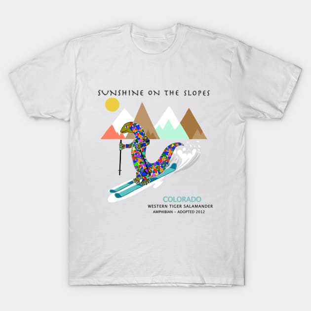 Sunshine on the slopes, Colorado, Skiing, Salamander T-Shirt by cfmacomber